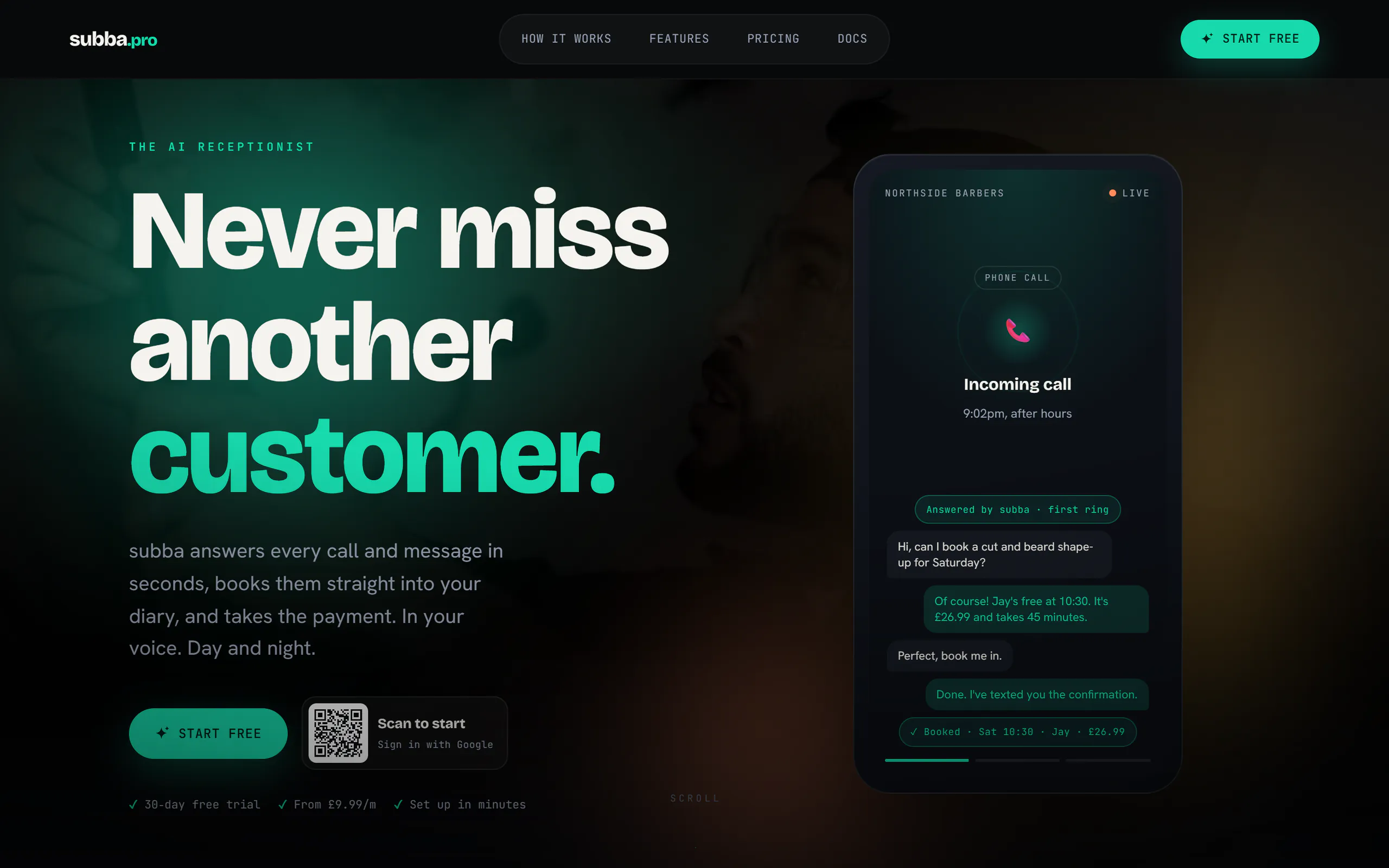 The subba.pro homepage: an AI receptionist answering a barber's after hours call and booking the customer in